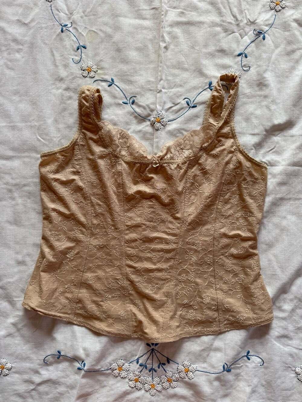 Vintage Arianne Lingerie Floral Jacquard Lace Trim Corset Cami Tank Top